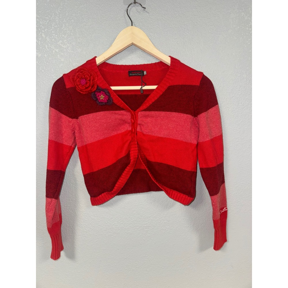 Catimini Girls Red Pink Striped Cardigan Sweater Crochet Flower Size 10